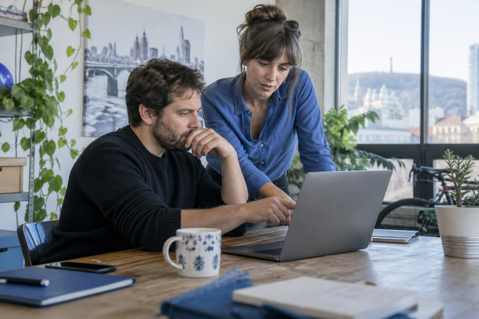 Deux professionnels montréalais analysent un projet sur un portable